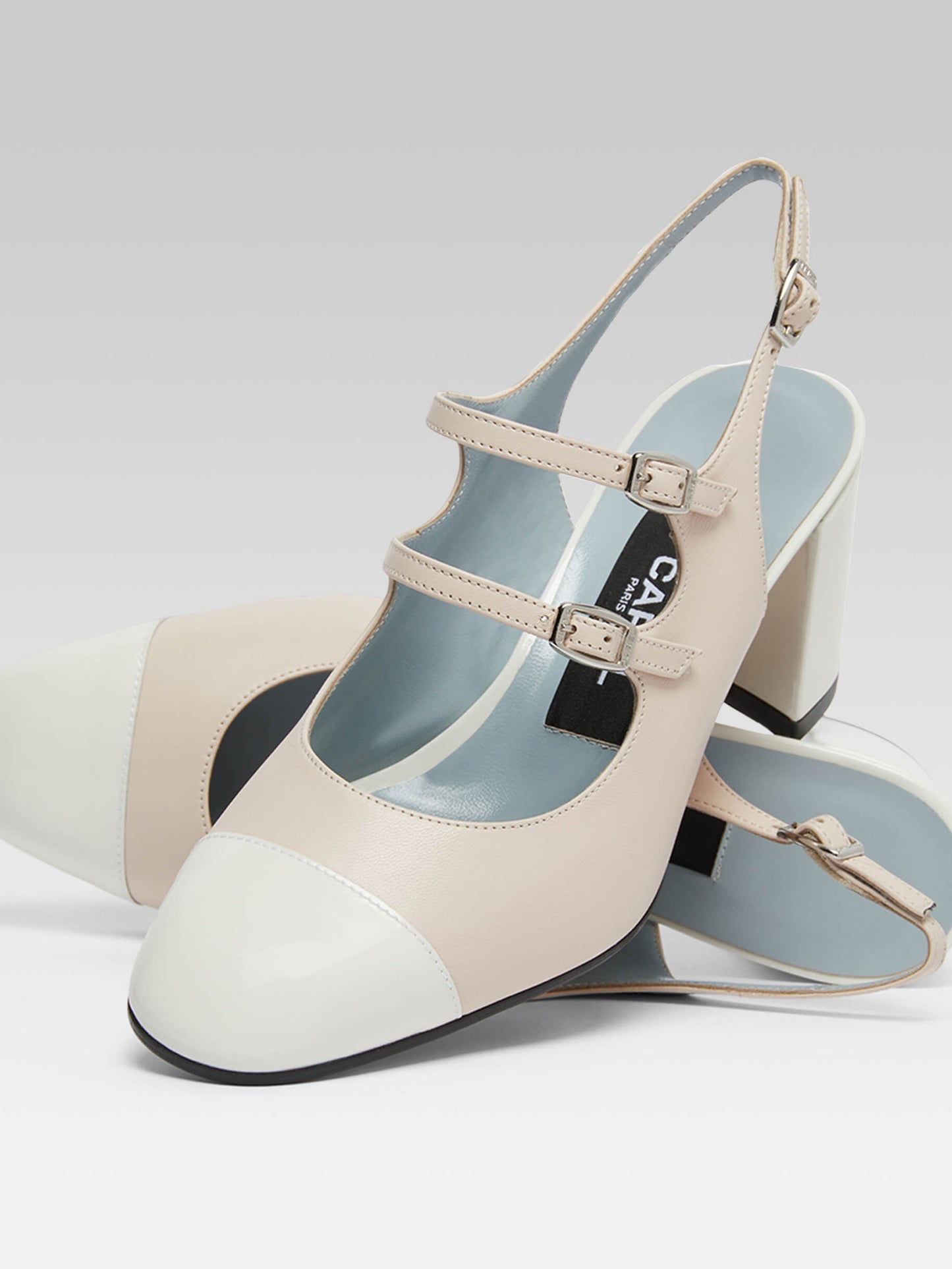 Papaya - Nude leather and white patent leather slingback Mary Janes