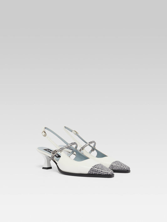 Cecile - Ivory leather and grey print slingback pumps - Image number 2