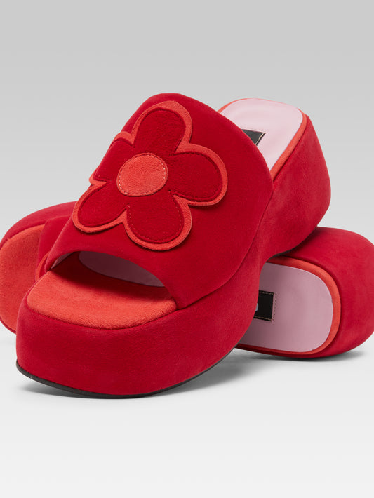 Flower - Mules à plateforme bicolores cuir velours upcyclé coquelicot - Image numéro 3