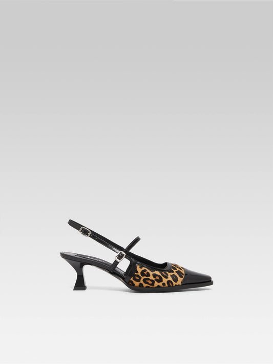 Cecile - Escarpins slingback cuir imprimé léopard et cuir glacé noir upcyclé