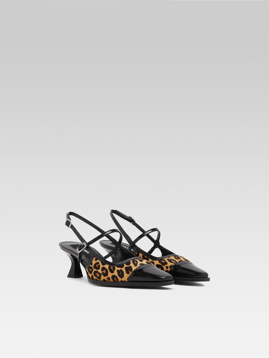 Cecile - Escarpins slingback cuir imprimé léopard et cuir glacé noir upcyclé - Image numéro 3