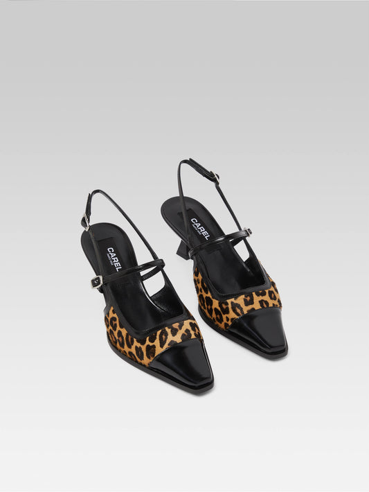 Cecile - Escarpins slingback cuir imprimé léopard et cuir glacé noir upcyclé - Image numéro 2