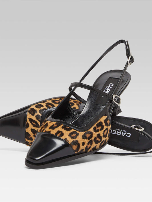 Cecile - Escarpins slingback cuir imprimé léopard et cuir glacé noir upcyclé - Image numéro 5