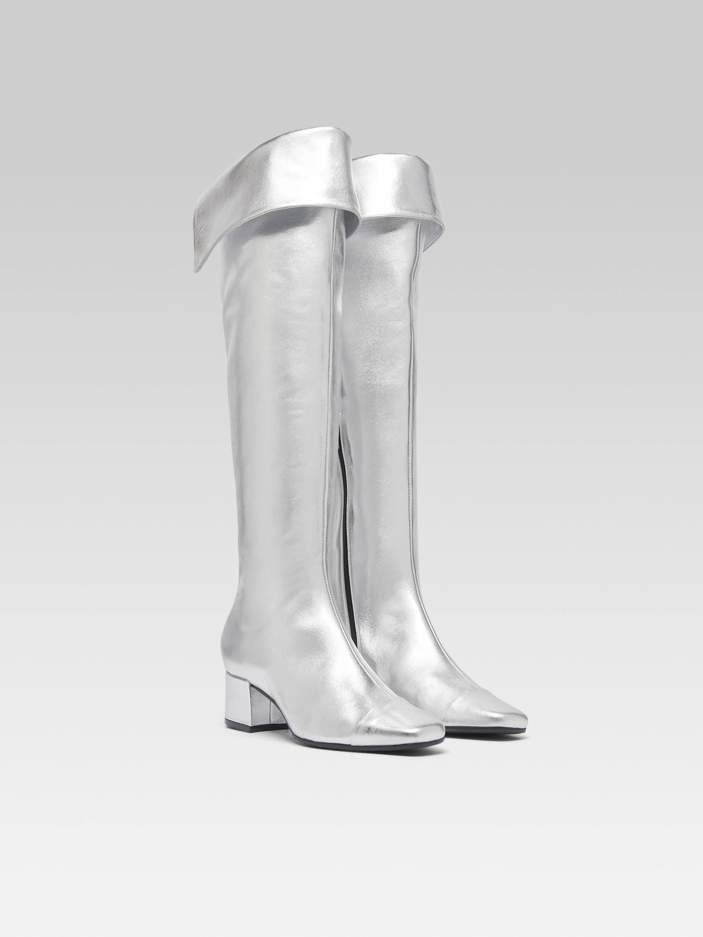 Brigitte - Silver leather thigh boots