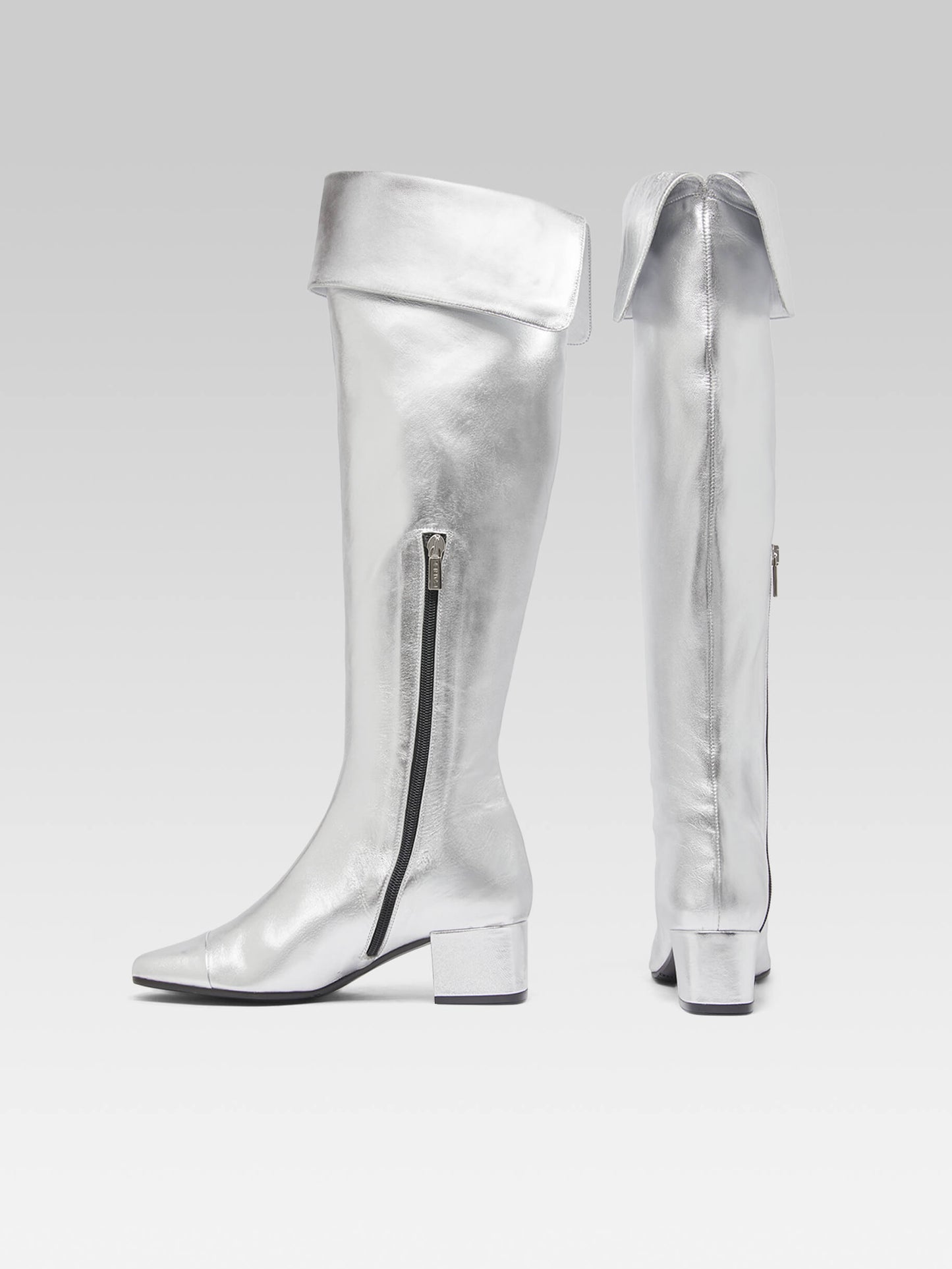 Brigitte - Silver leather thigh boots