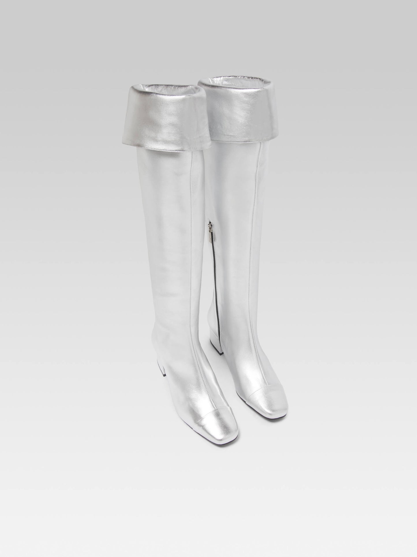 Brigitte - Silver leather thigh boots