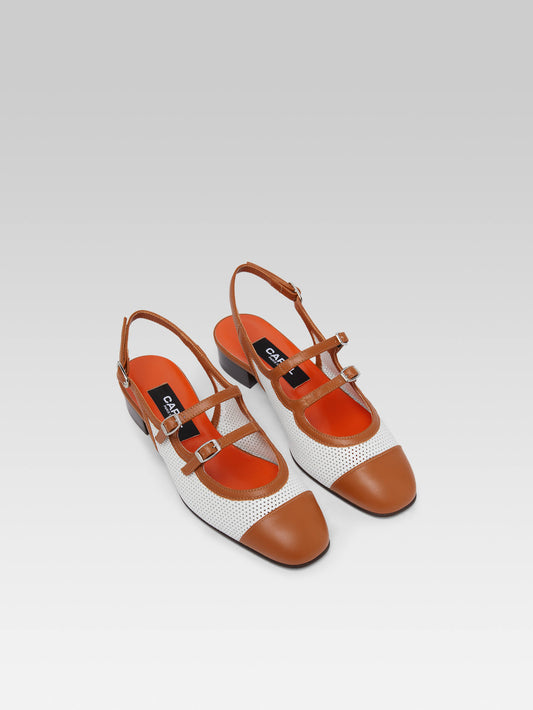 Abricot - White and camel upcycled leather slingback Mary Janes - Image number 3