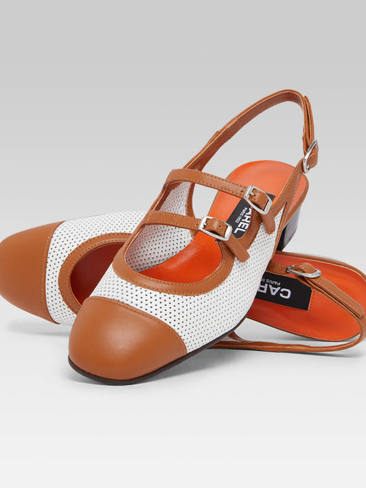 Abricot - White and camel upcycled leather slingback Mary Janes - Image number 4