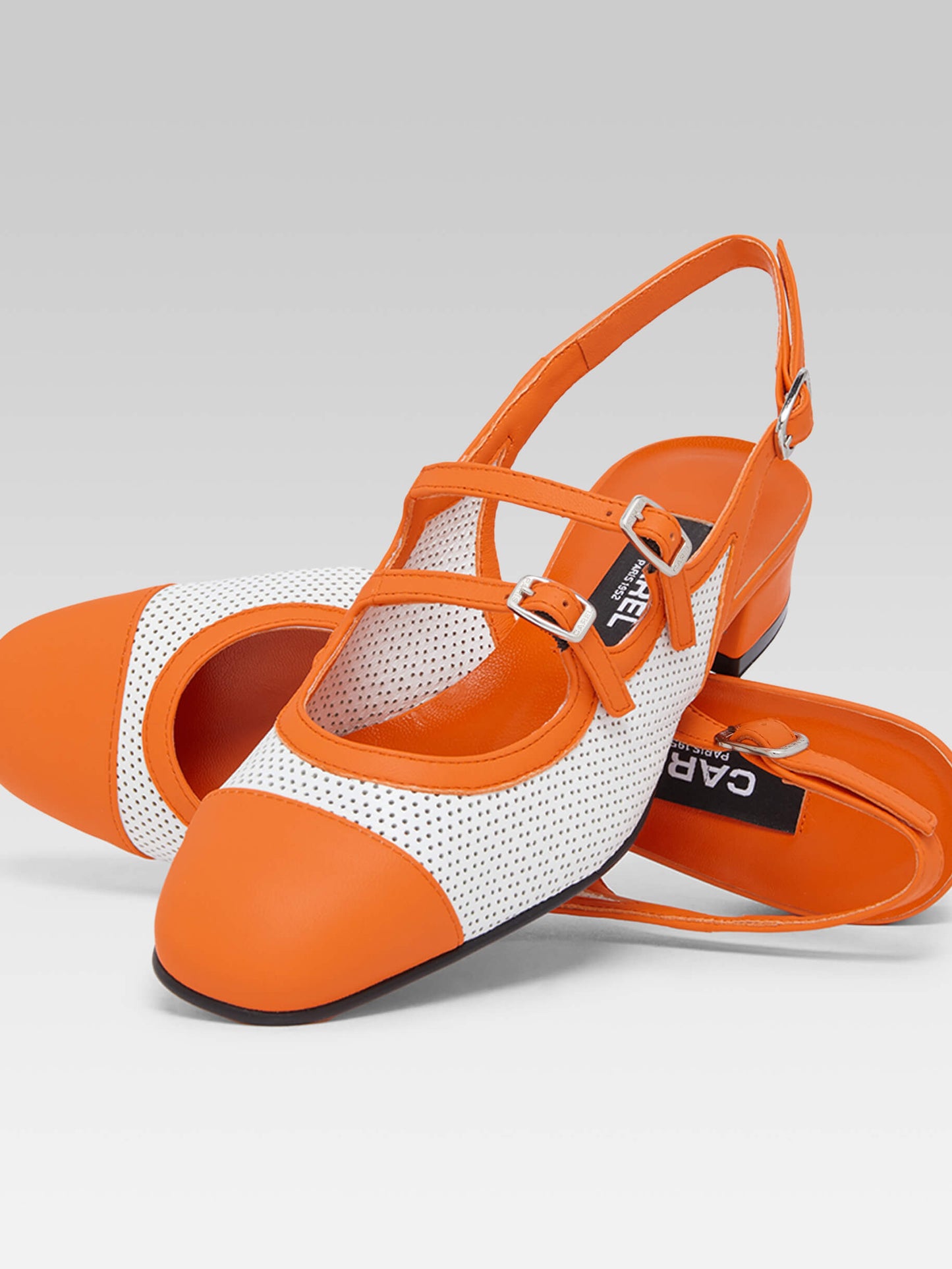 Abricot - White leather and orange upcycled leather slingback Mary Janes