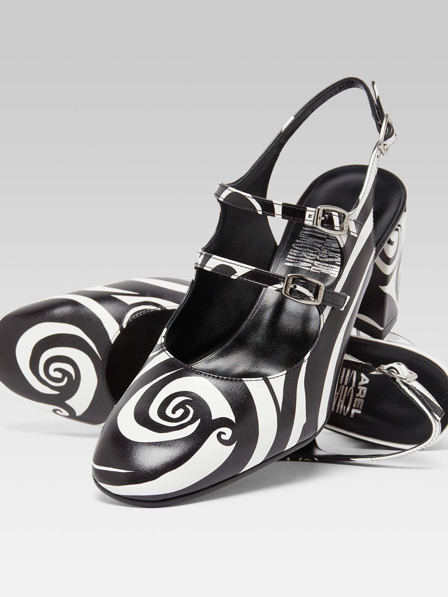 Banana - Black and white printed leather slingback Mary Janes