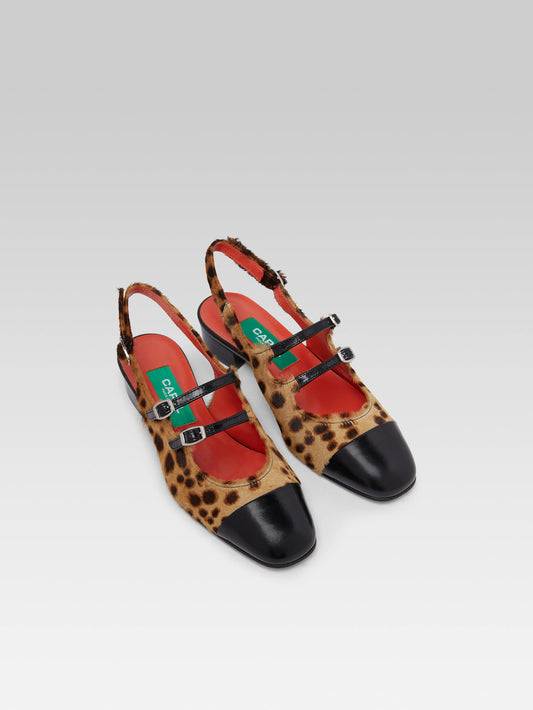 Abricot - Upcycled leopard and black leather slingback Mary Janes