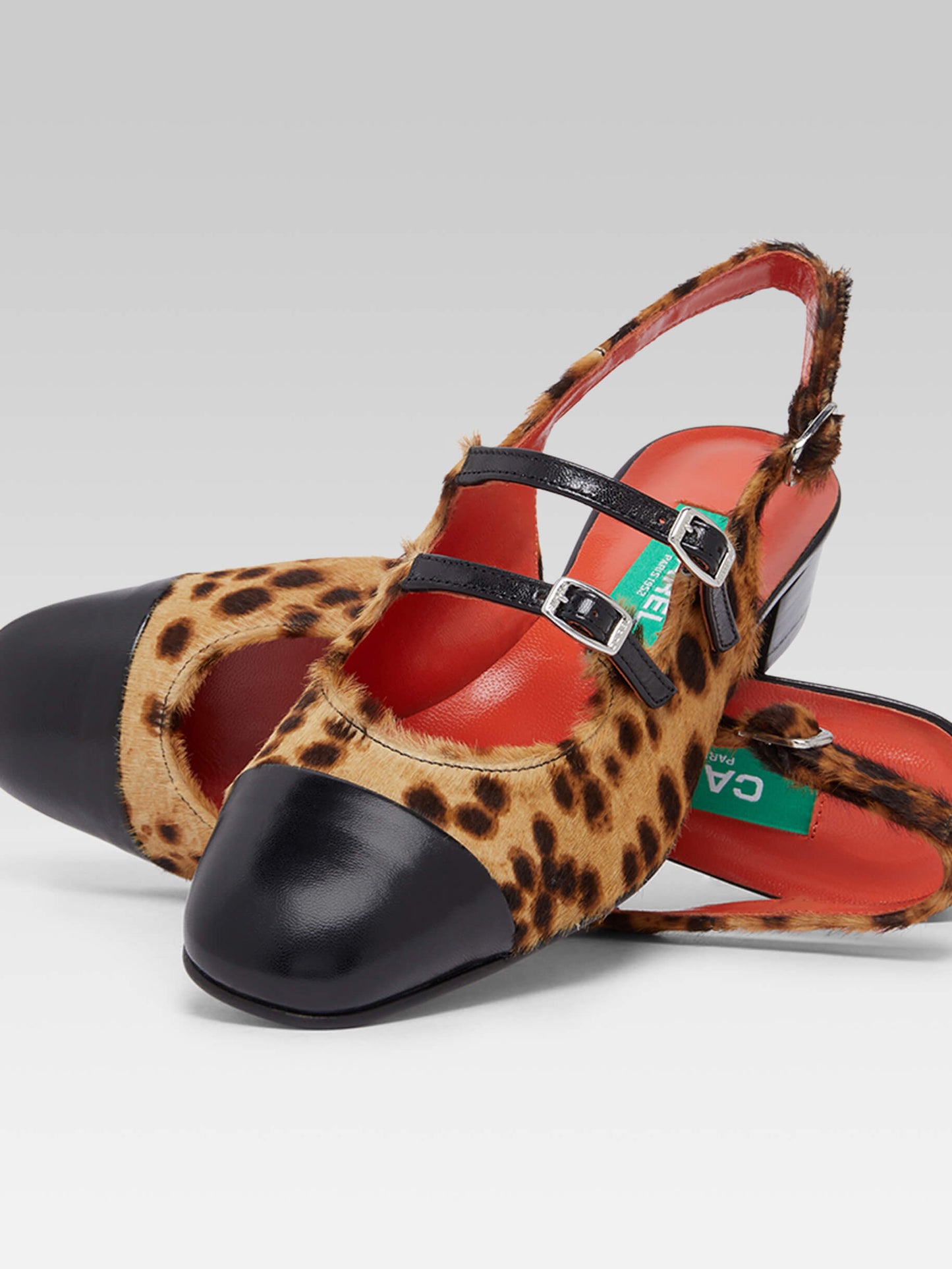 Abricot - Upcycled leopard pony leather and black leather slingback Mary Janes