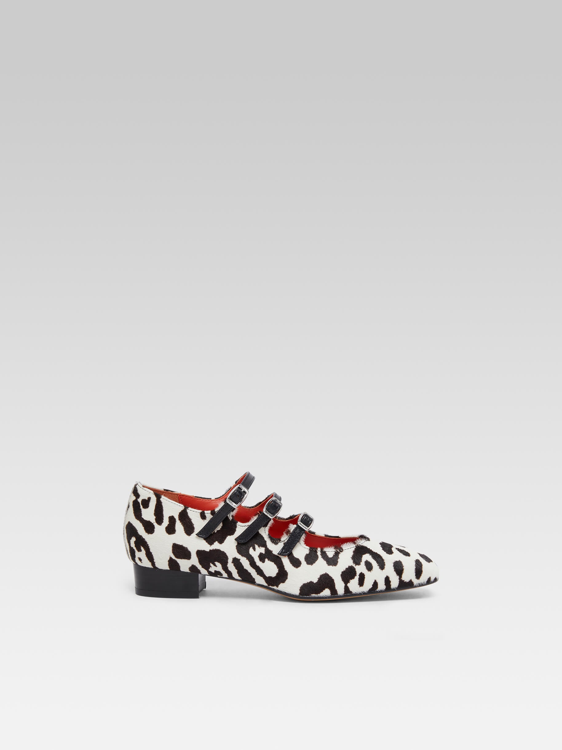 Ariana - Black and white leopard print and black leather Mary Janes ballet flats