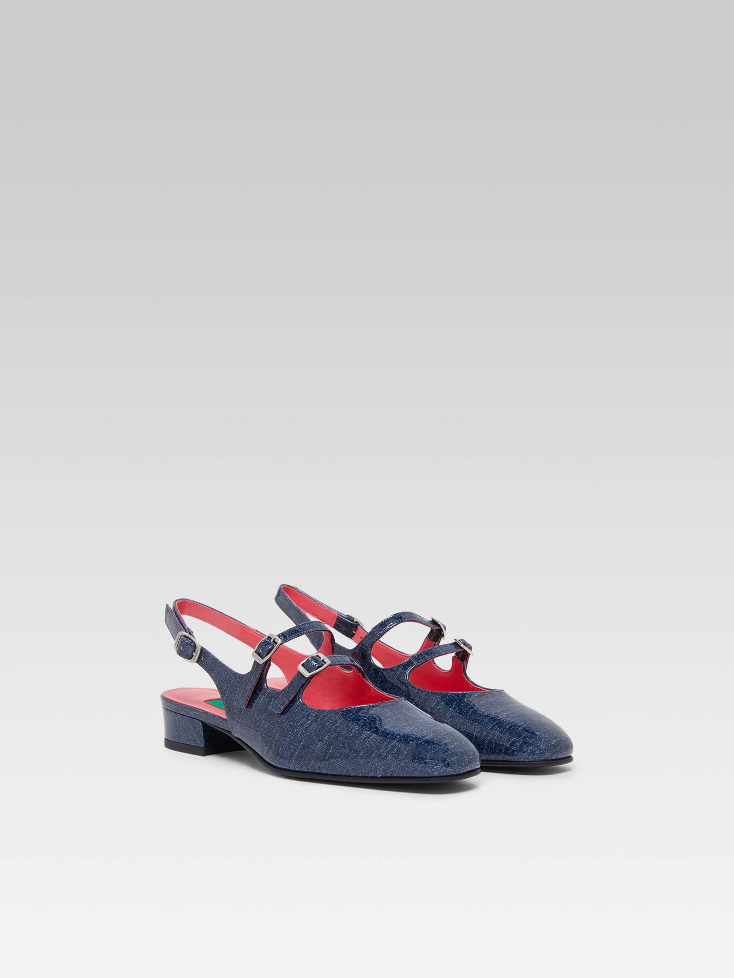 Peche - Denim upcycled patent leather slingback Mary Janes