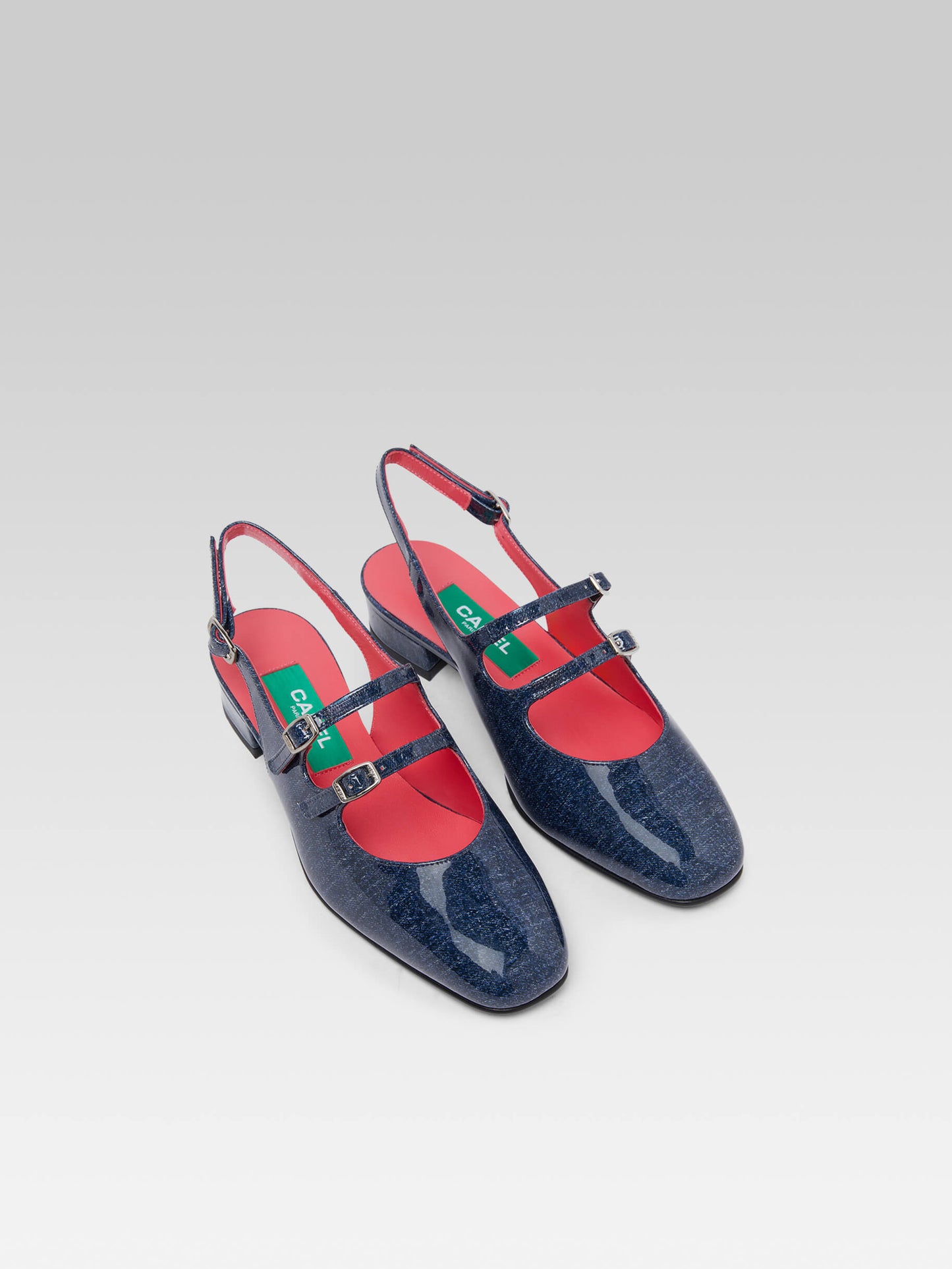 Peche - Denim upcycled patent leather slingback Mary Janes