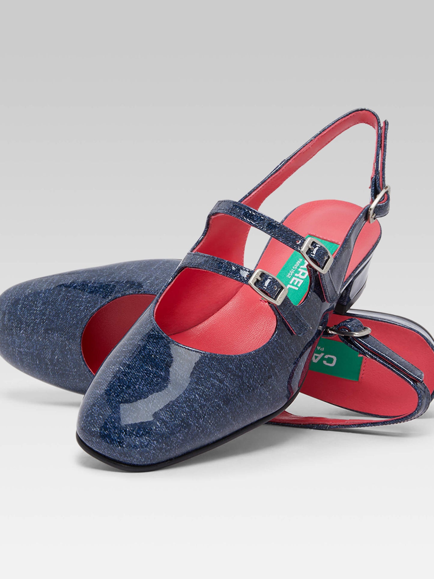 Peche - Denim upcycled patent leather slingback Mary Janes