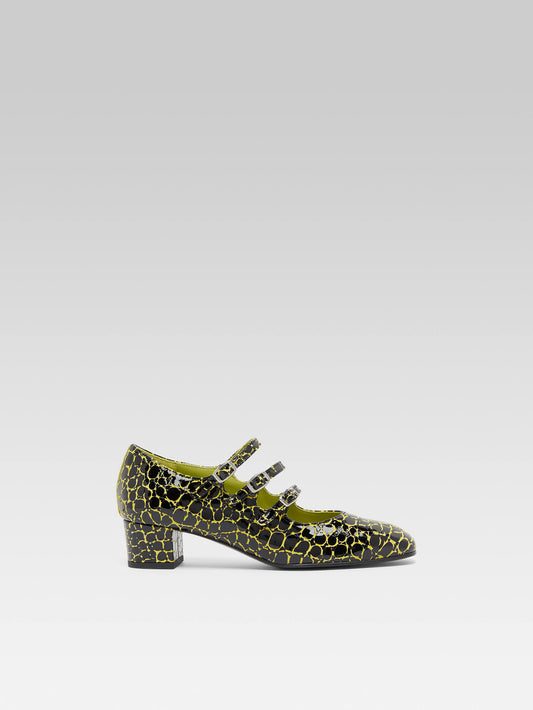 Kina - Escarpins babies cuir verni upcyclé imprimé croco noir et jaune - Image numéro 2