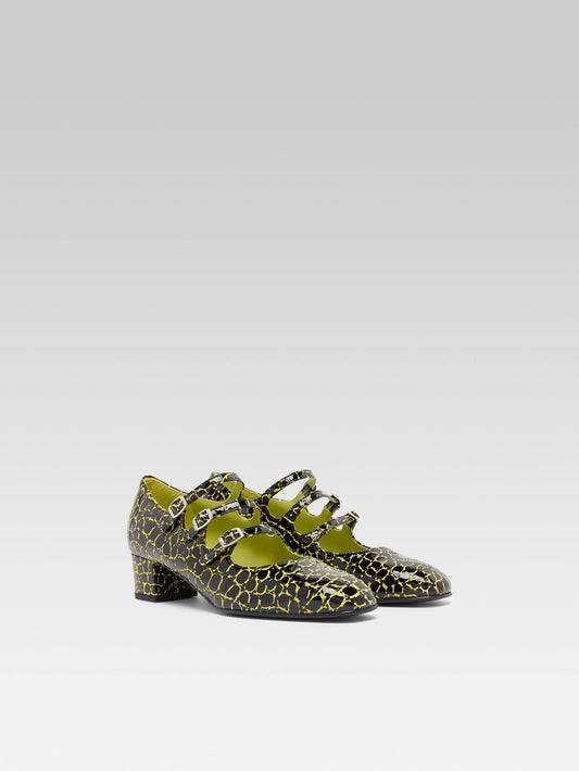 Kina - Escarpins babies cuir verni upcyclé imprimé croco noir et jaune - Image numéro 3