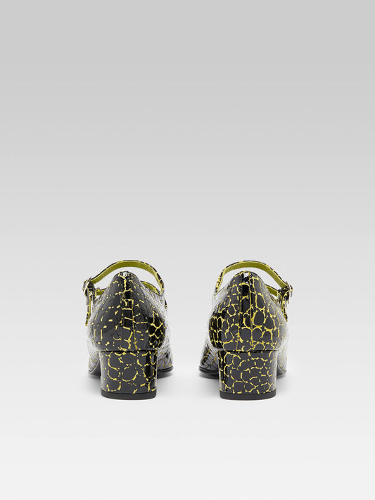 Kina - Escarpins babies cuir verni upcyclé imprimé croco noir et jaune - Image numéro 5