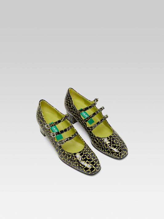 Kina - Black and yellow croco print upcycled patent leather Mary Janes pumps