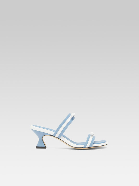 Luna - Denim and white patent leather heeled mules