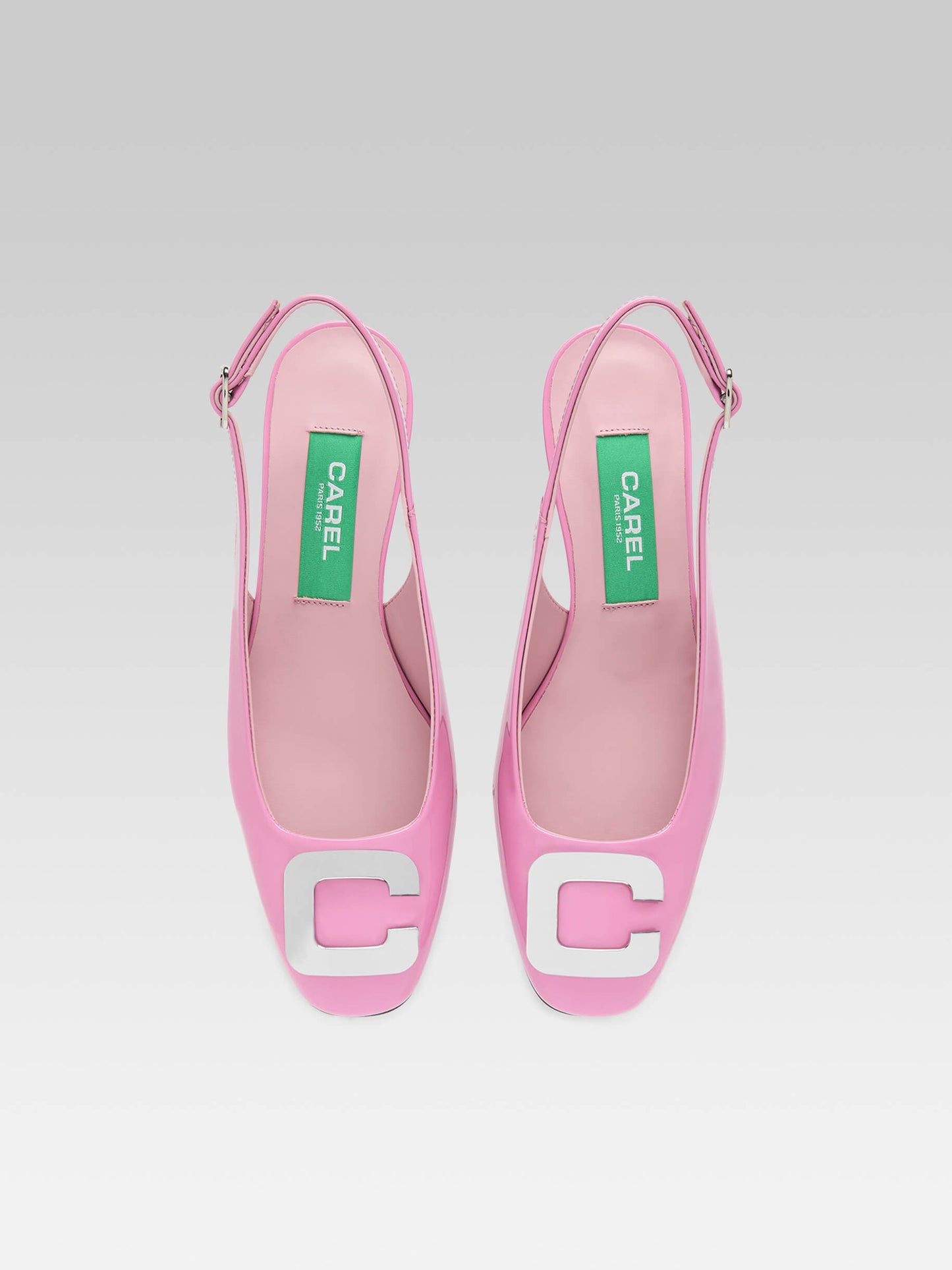 Coquelicot - Pink upcycled patent leather slingback C logo