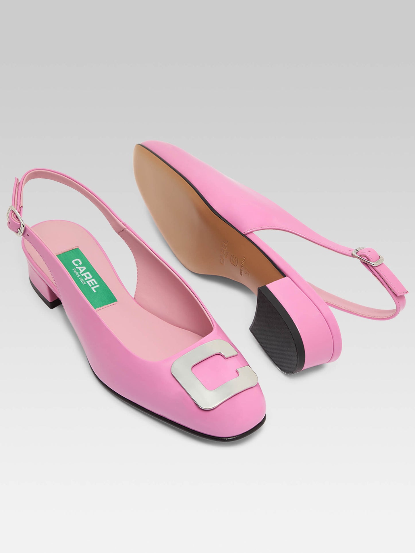 Coquelicot - Pink upcycled patent leather slingback C logo