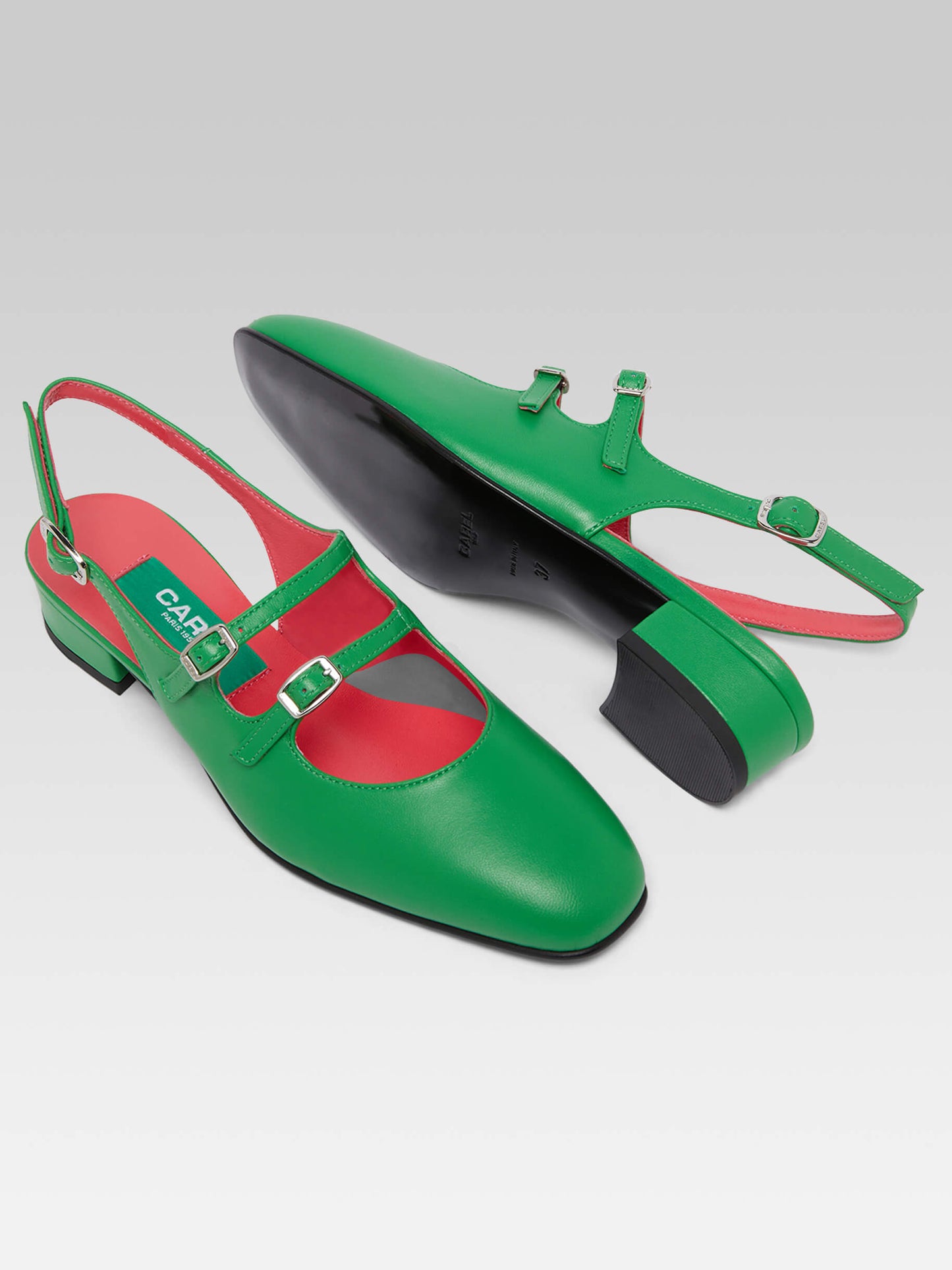 Peche - Upcycled green leather slingback Mary Janes 