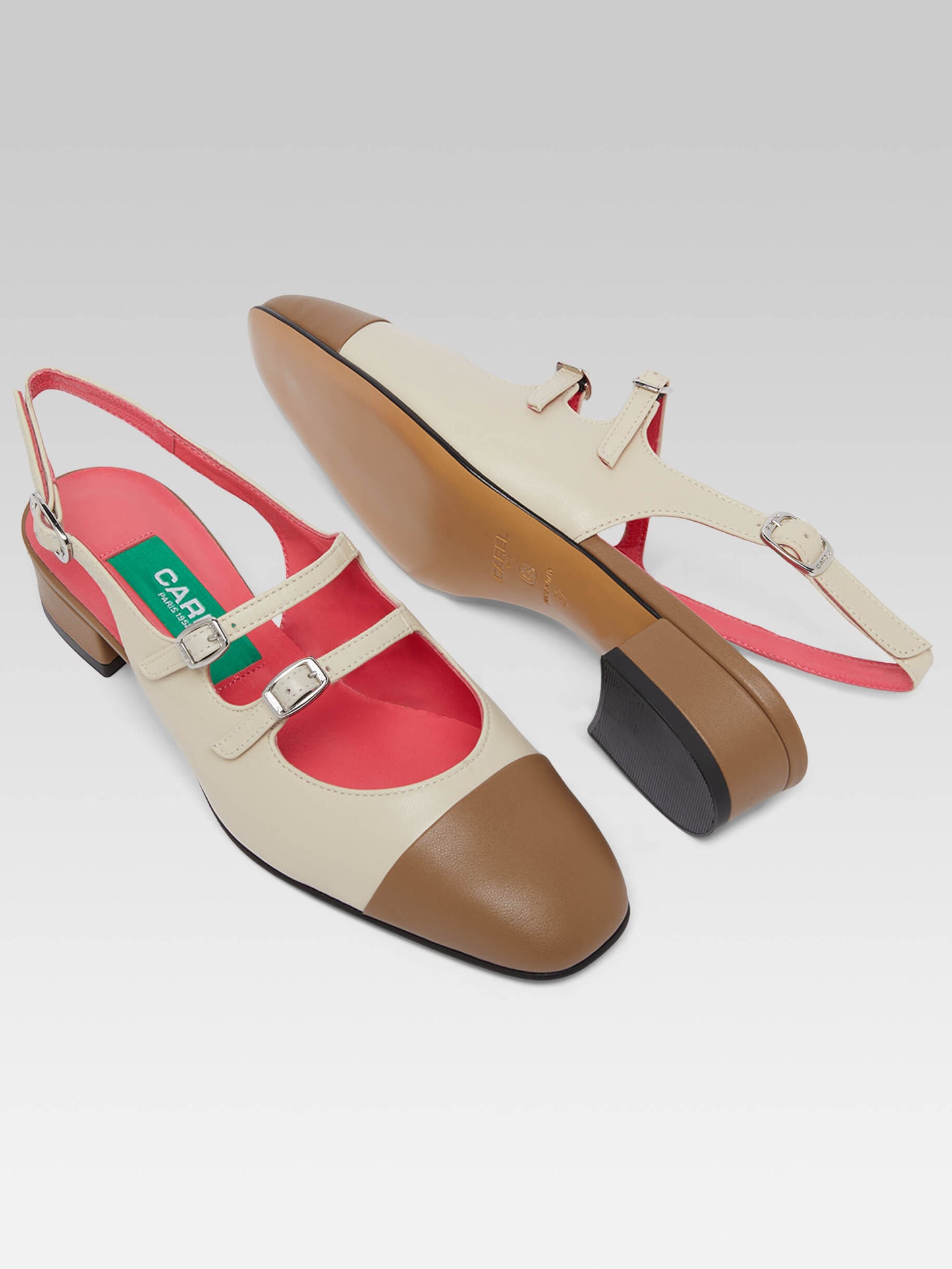 Abricot - Beige and brown upcycled leather slingback Mary Janes