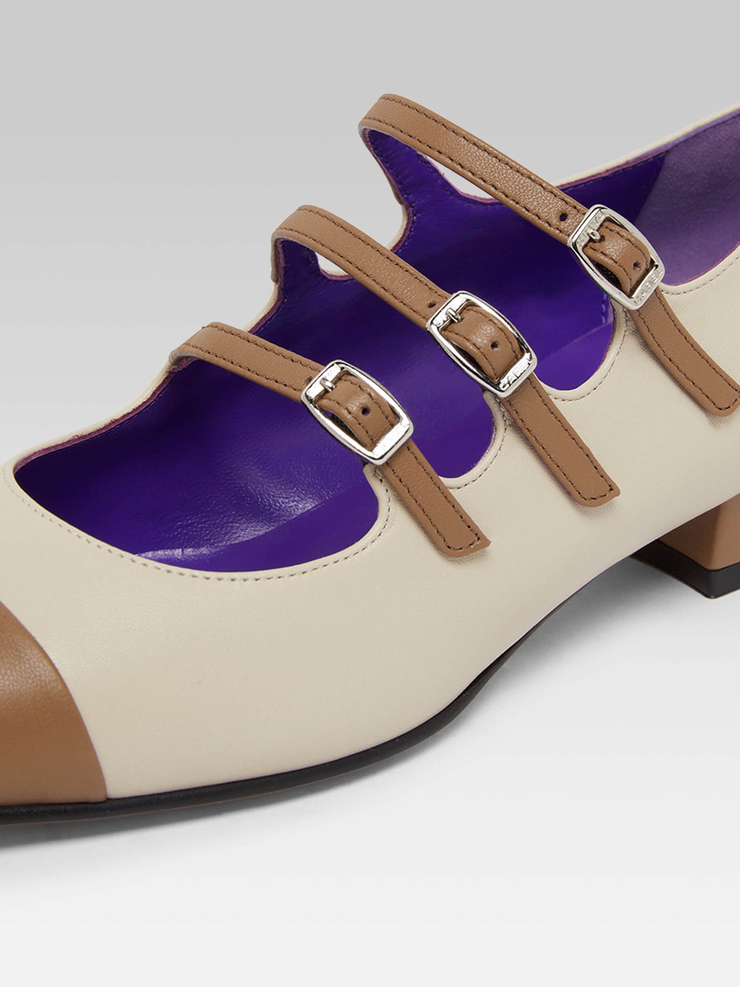 Julia - Beige leather and brown upcycled leather Mary Janes ballet flats