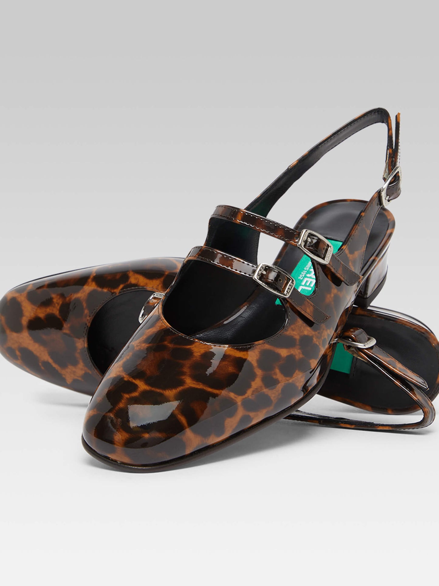 Peche - Upcycled brown leopard patent leather slingback Mary Janes