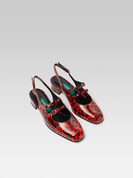 Peche - Upcycled orange leopard patent leather slingback Mary Janes