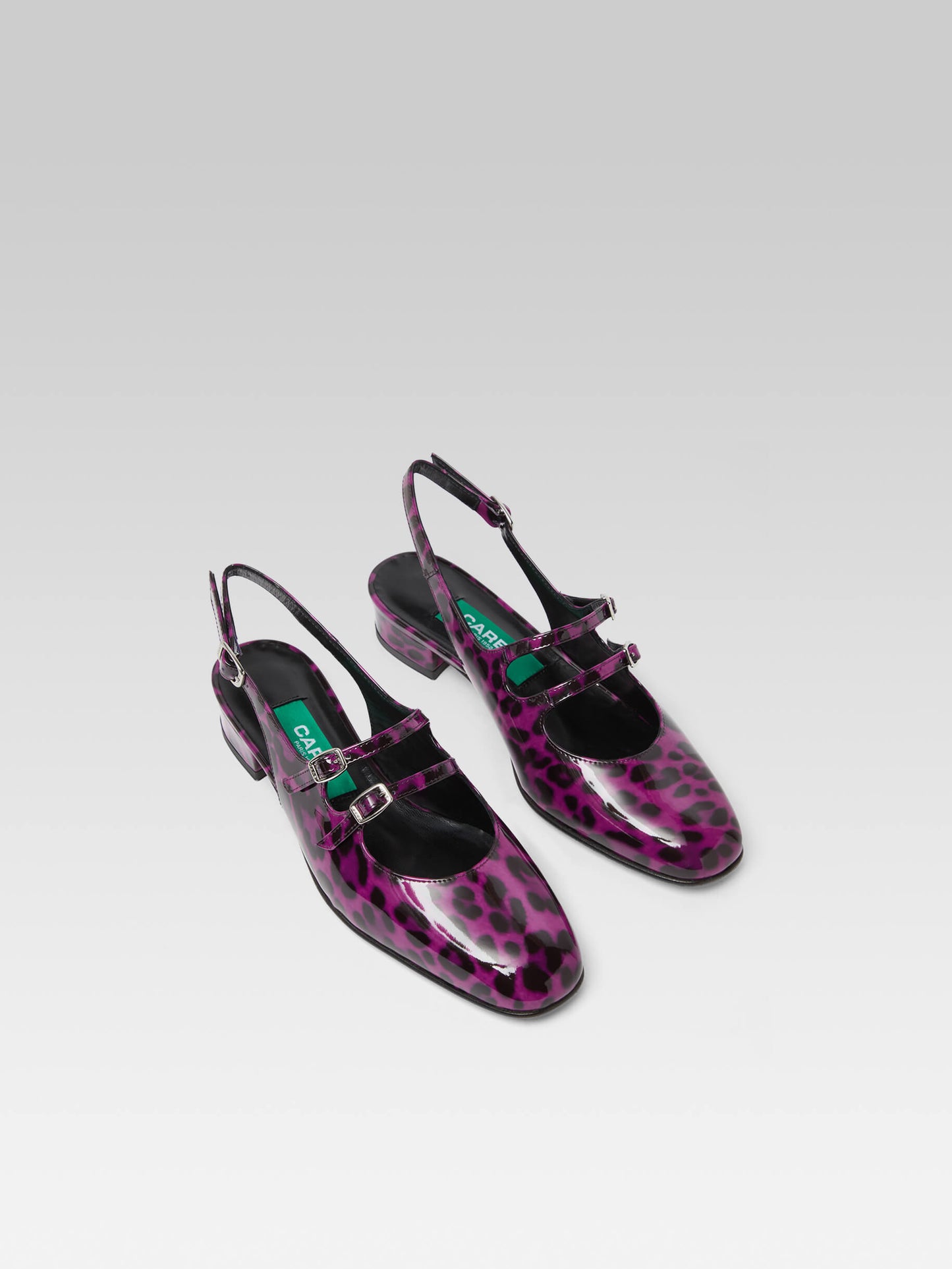 Peche - Upcycled purple leopard patent leather slingback Mary Janes