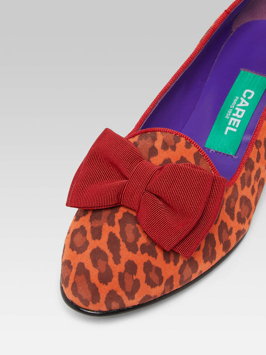 Marquis - Orange leopard upcycled suede leather bow ballet flats - Image number 2