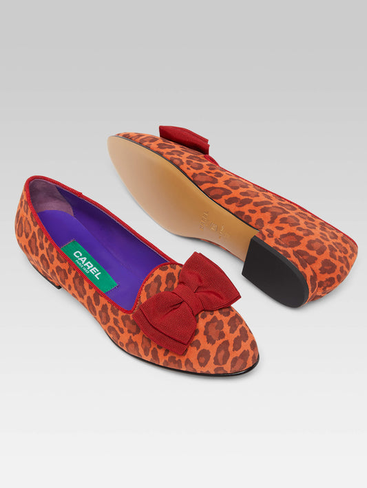 Marquis - Orange leopard upcycled suede leather bow ballet flats - Image number 4