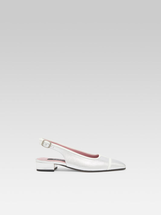 Elisa - Silver laminated leather and white patent leather slingback ballet flats