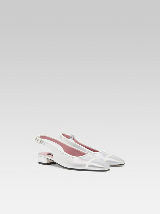 Elisa - Silver laminated leather and white patent leather slingback ballet flats - Image number 3