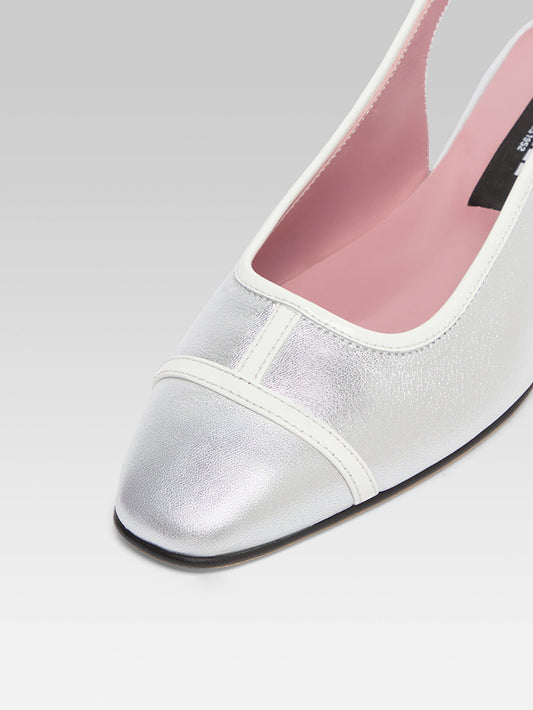 Elisa - Silver laminated leather and white patent leather slingback ballet flats - Image number 2