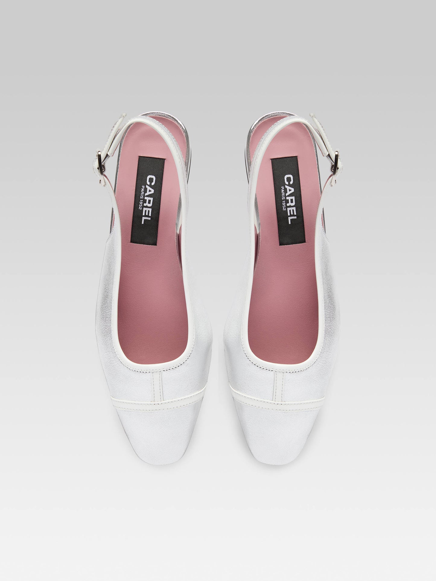 Elisa - Ballerines slingback cuir laminé argent et verni blanc