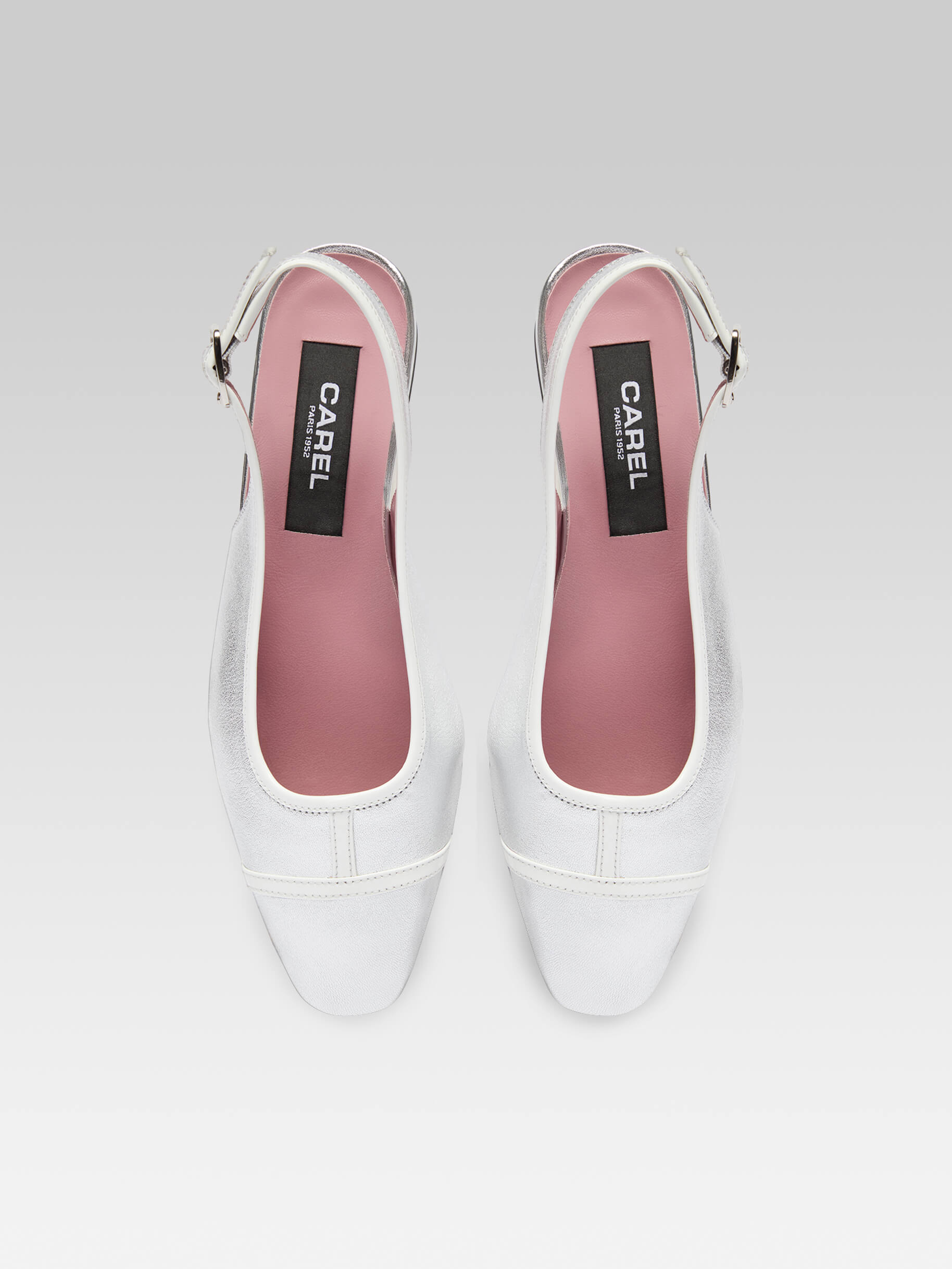 Elisa - Ballerines slingback cuir laminé argent et verni blanc - Image numéro 4