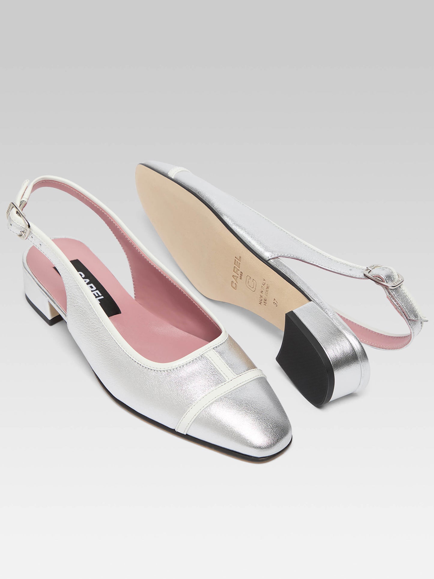 Elisa - Ballerines slingback cuir laminé argent et verni blanc