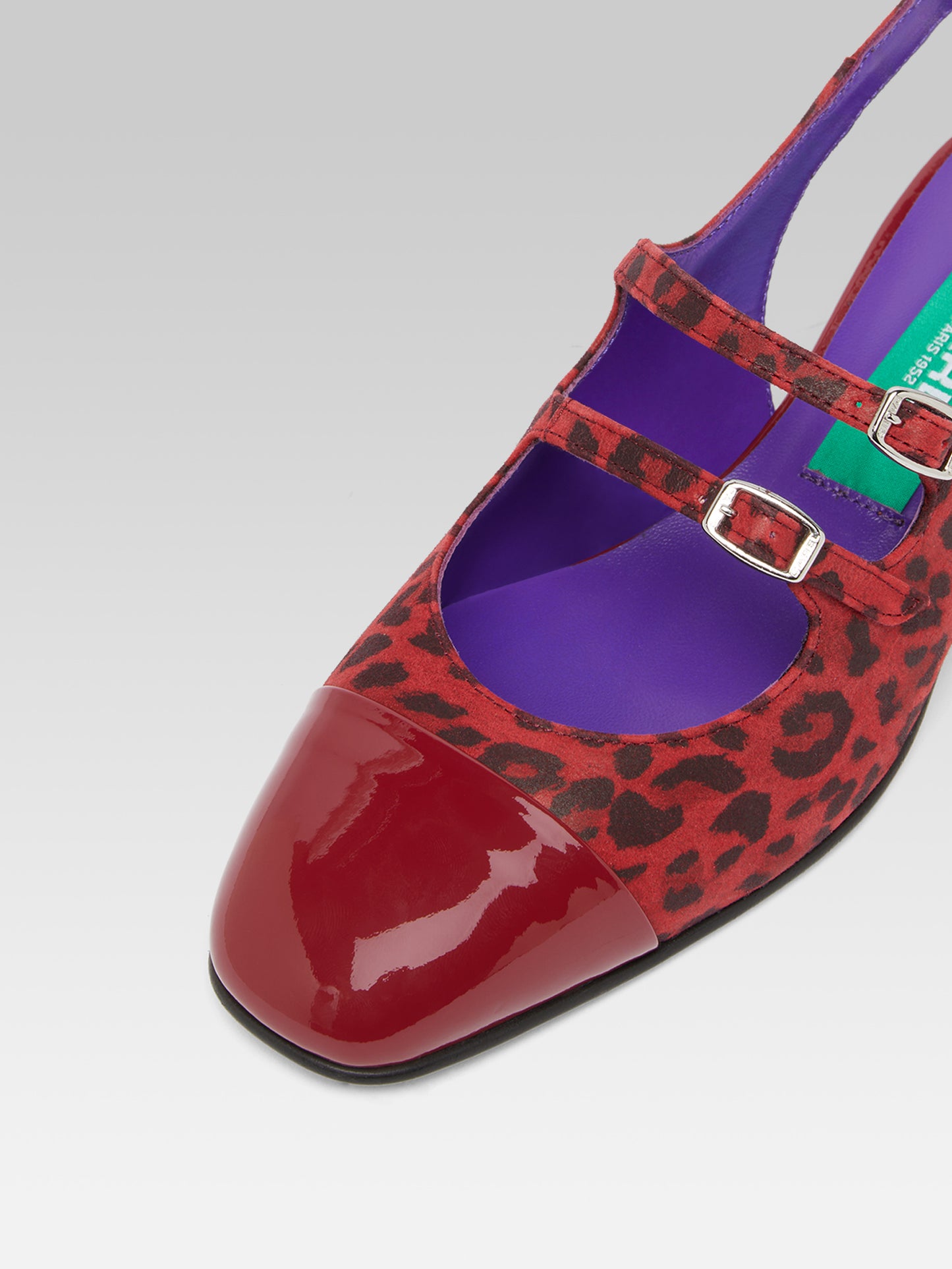 Abricot - Cherry red leopard upcycled suede leather and cherry red upcycled patent leather slingback Mary Janes