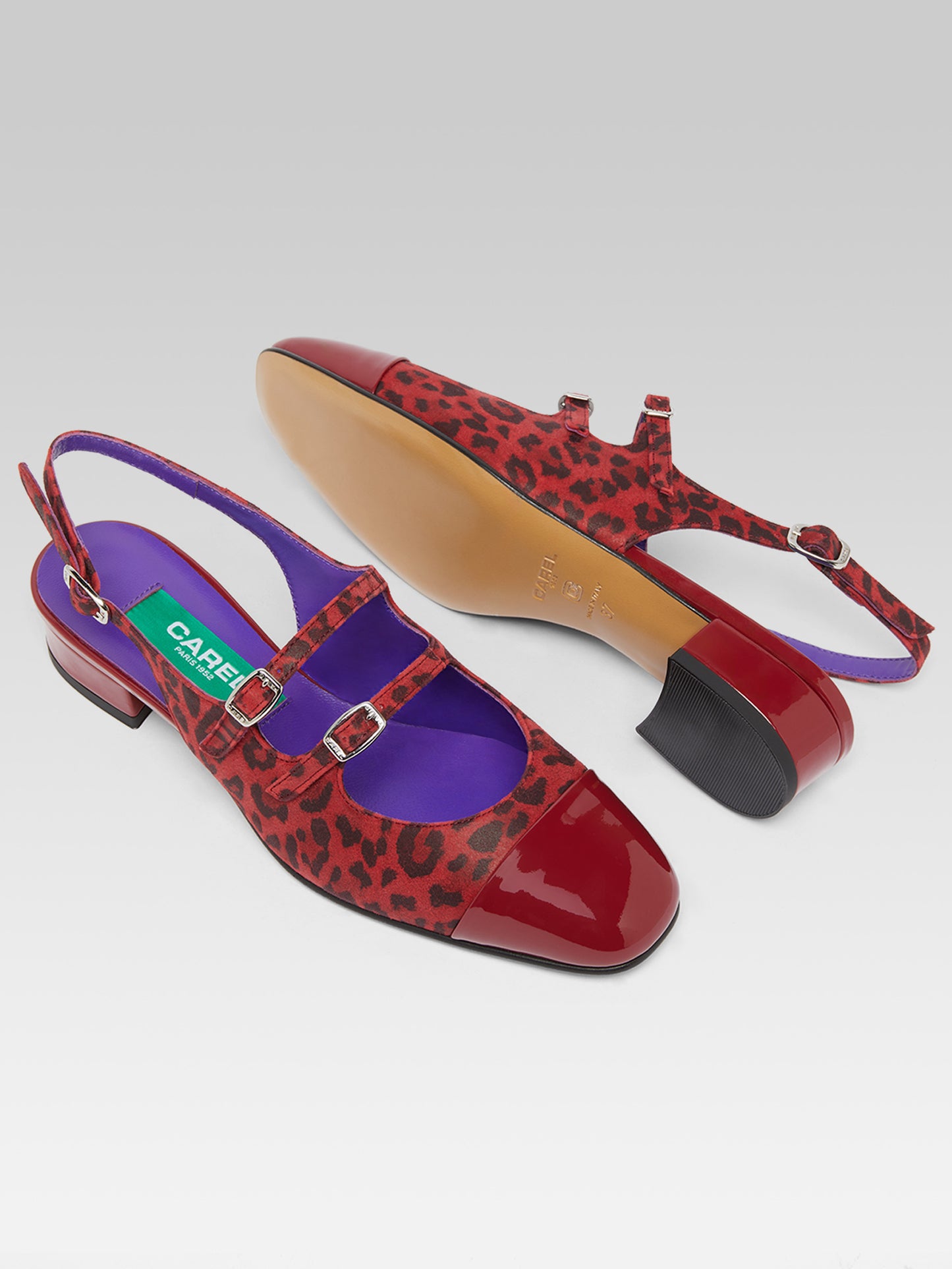 Abricot - Cherry red leopard upcycled suede leather and cherry red upcycled patent leather slingback Mary Janes