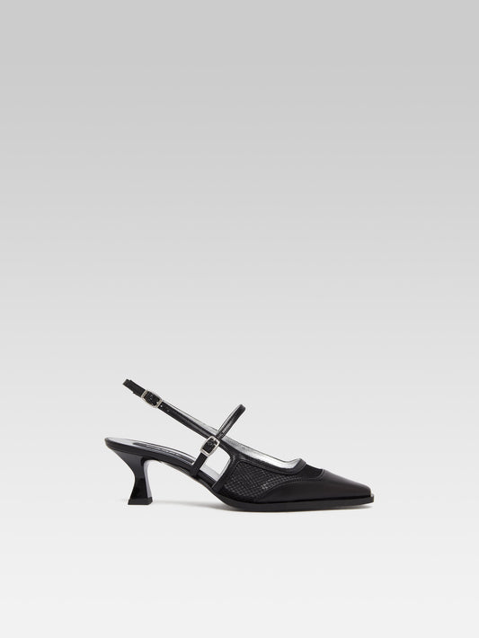 Cecile - Escarpins slingback résille et cuir noir