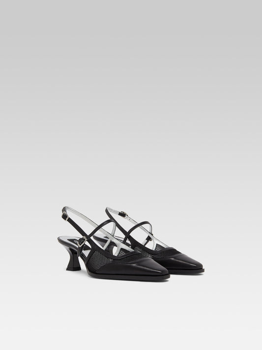 Cecile - Escarpins slingback résille et cuir noir - Image numéro 3