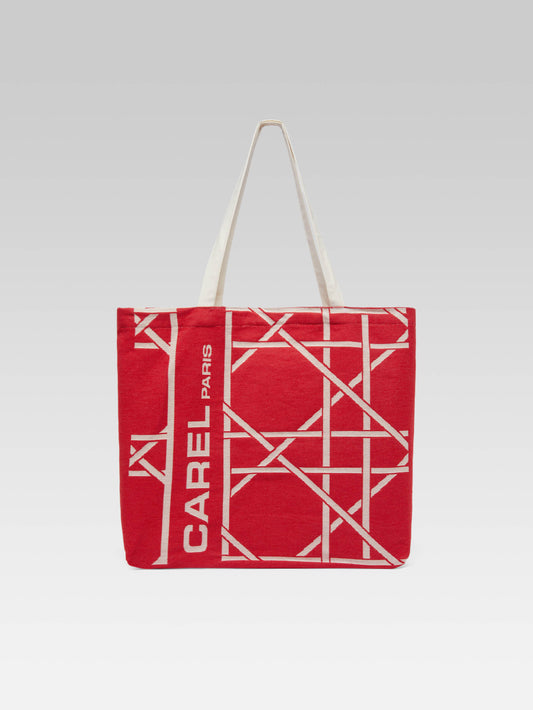 Tote bag - Recycled monogram bag in red and ecru jacquard weave