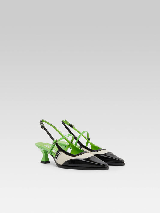 Cecile - Escarpins slingback cuir verni vert et noir - Image numéro 2