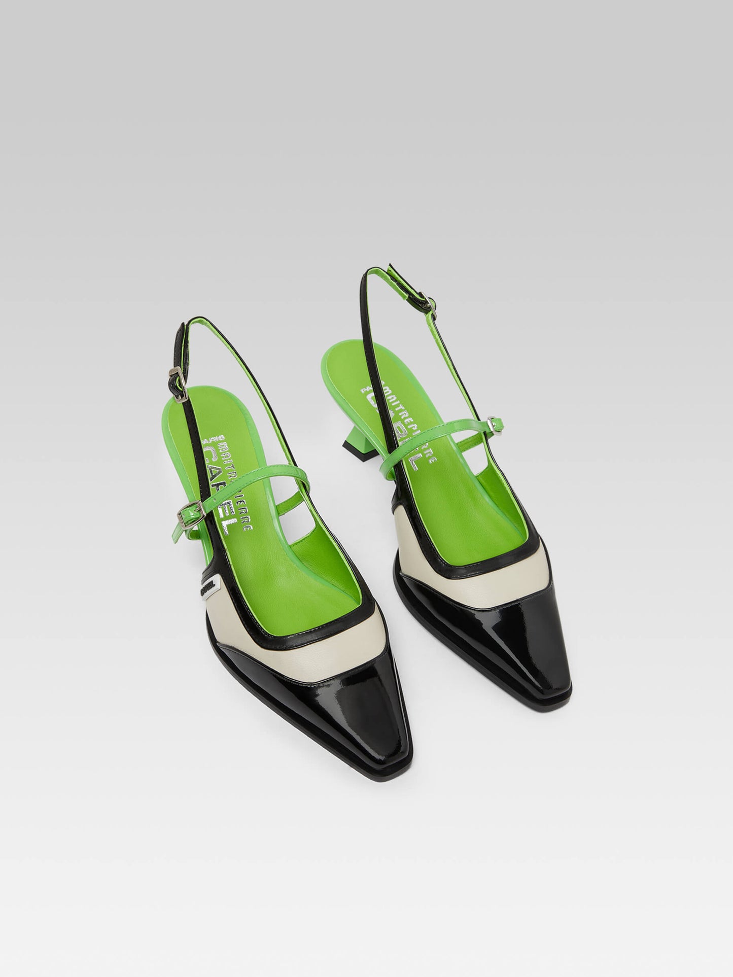 Cecile - Escarpins slingback cuir verni vert et noir