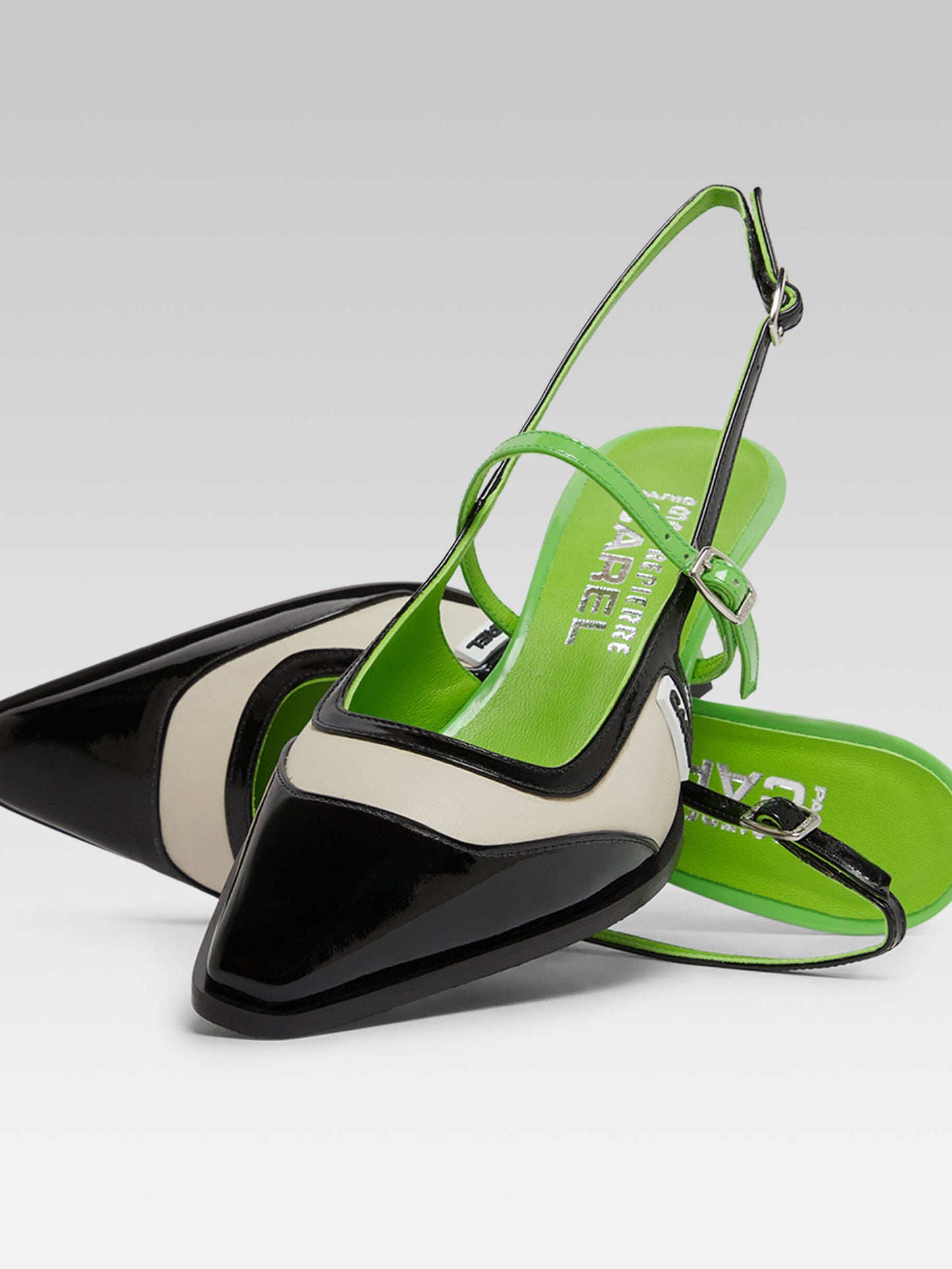 Cecile - Escarpins slingback cuir verni vert et noir