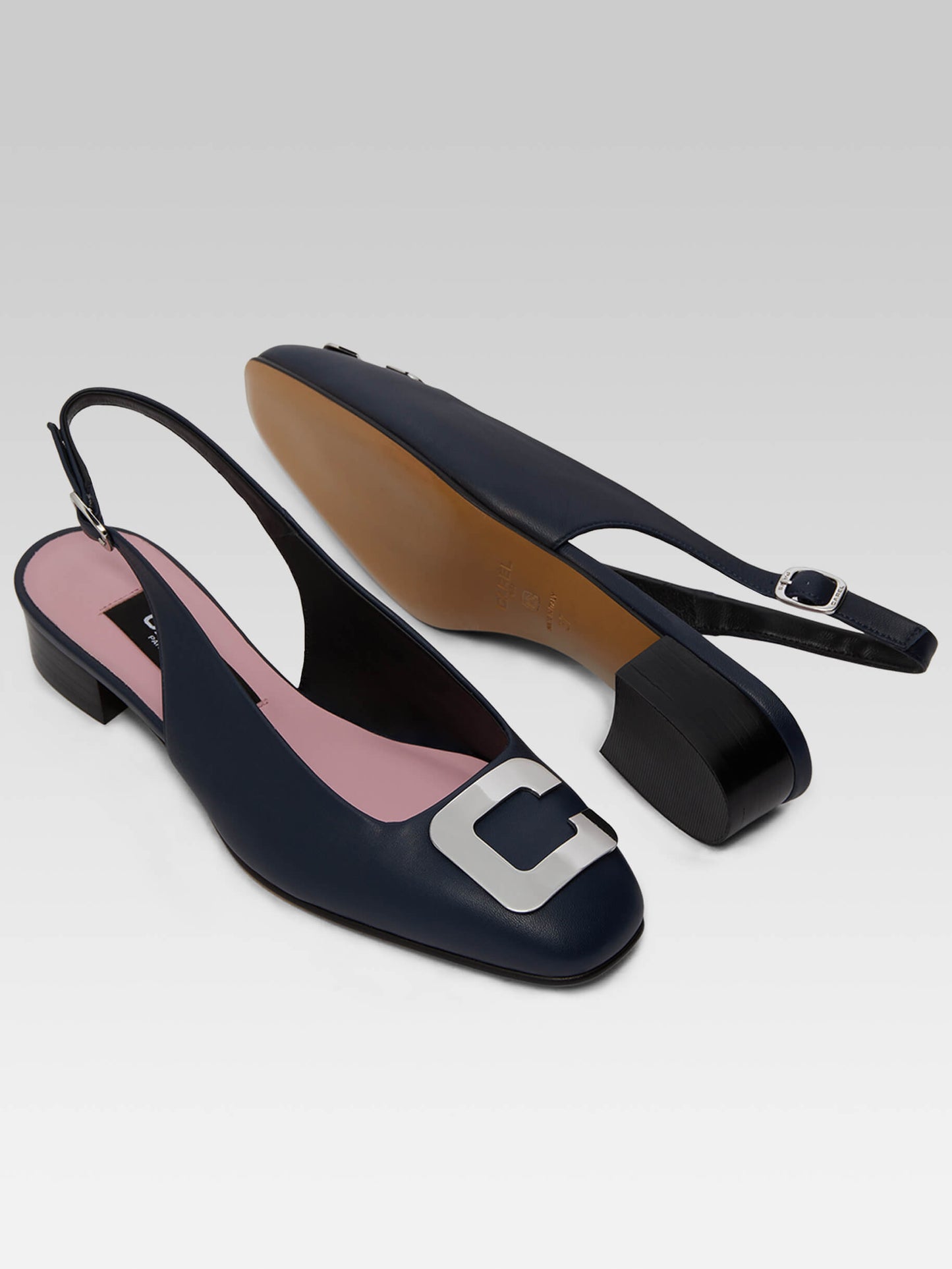 Coquelicot - Navy blue leather slingback with C logo